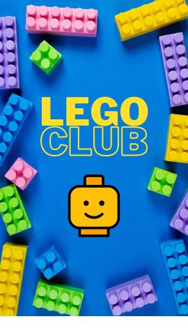 Blue background with lego blocks. Yellow text reads "LEGO CLUB." Picture of lego head smiling.