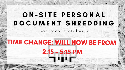 A background of shredded paper with the event date/time on top of it as well as a line drawing of paper coming out of a shredder.