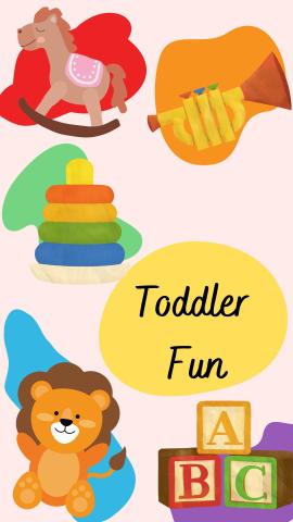 Pink background with multi-colored blobs. Four children's toy with black text reading "Toddler Fun"
