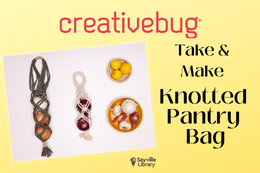 An image of a small knotted bag made of macramé rope holding fruit next to text that describes the program name