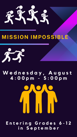 silhouettes of people running and high fiving and program details