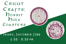 Ceramic coasters with pink hobbit images on them next to text that says "Cricut Crafts: Hobbit Hole Coasters"