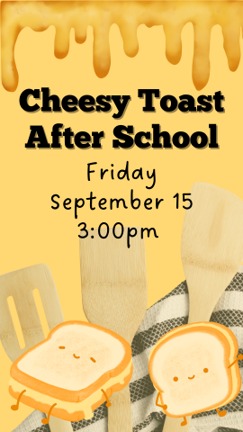 cooking utensils, cheese sandwiches and program details