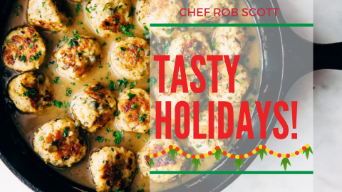 chicken meatballs in a cast iron skillet