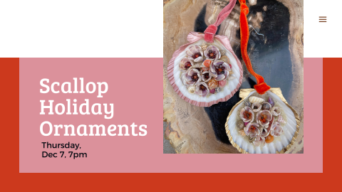 Ornaments made from scallop shells, hung on ribbons