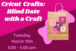 A brown paper bag with question mark images all over it next to a description of the program.