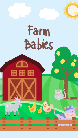 Farm scene background with a barn, tree, cow, chickens, cat, and goat. Brown text reads "Farm Babies".
