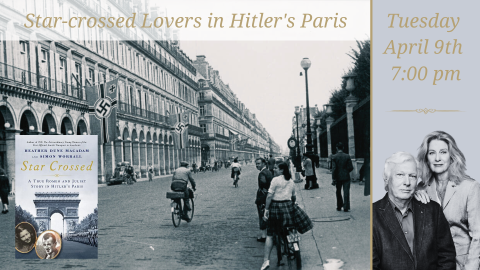 A street scene in occupied Paris, with the book cover on the left and a portrait of the authors on the right.