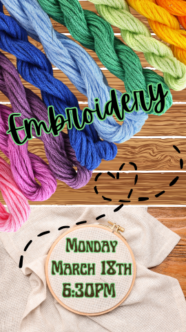 embroidery hoop, colorful string, and program details