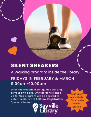 flyer for library indoor walking program, on Fridays in February and March 2024