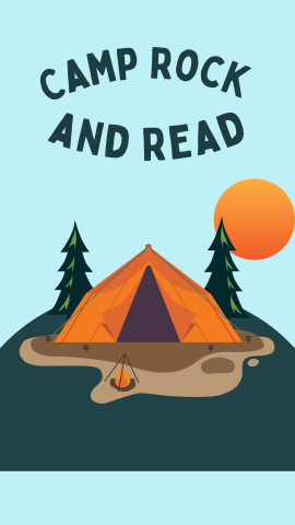 Light blue background with a camping scene (tent and fireplace on a piece of land). Black text reads "Camp Rock and Read".