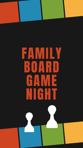 Black background with board game tiles that border the top and bottom. Images of game pieces on the tiles. Red text reads "Family Board Game Night".