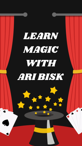 Black background with image of curtains, cards, stars, and magic stars. White text reads "
