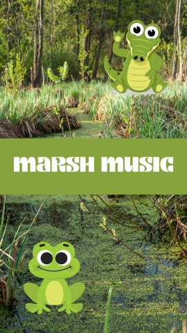 Swamp forest background with images of a frog and alligator. White text reads "Marsh Music" on a green banner.