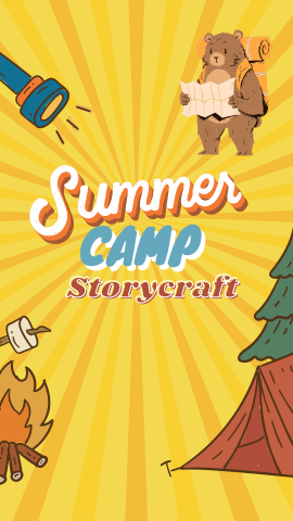 Yellow and darker yellow colors of stripes with images of a tent, tree, fireplace, roasting a marshmallow, bear with a backpack reading a map, and flashlight. Text reads "Summer (White with an orange outline) Camp (Blue with a white outline) Storycraft (Brown with a white outline)"..