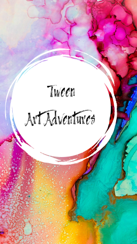 Water color background. Black text reads "Tween Art Adventures" on a white circle.