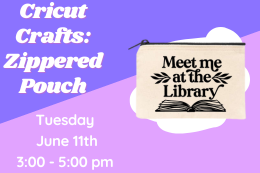 A canvas zippered pouch featuring an open book that says "Meet Me at The Library" next to a description of the program.