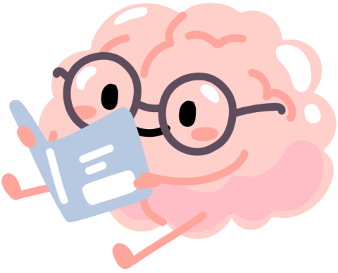 Cartoon picture of a brain reading a book.