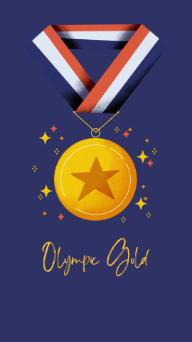 Dark blue background with an image of gold medal surrounded by sparkles. Yellow text reads "Olympic Gold".