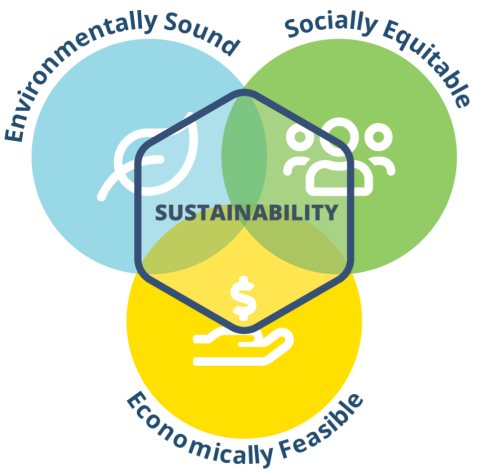Sustainable Libraries Initiative graphic showing the initiatives emphasies in three areas: environmentally sound, socially equitable and economically feasible.