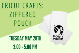 Three white tea towels decorated with the words "Don't Panic" next to a description of the program.