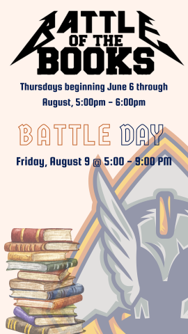 medieval knight background, battle of the books logo, stack of books and program details