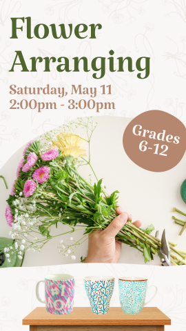 hand holding and cutting flowers, mugs on a table, and program details