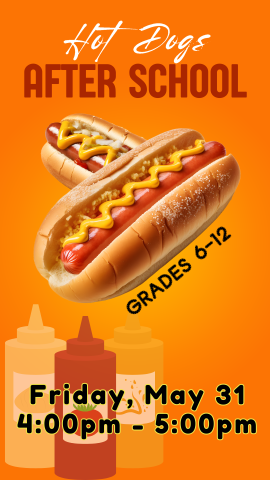 two hot dogs with mustard, condiment bottles, and program details