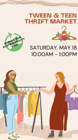 two girls shopping at a thrift market with event details