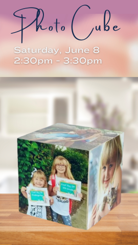 photo cube with kids pictures on a table and program details