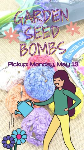 garden seed bombs, cartoon girl watering flowers, and program details