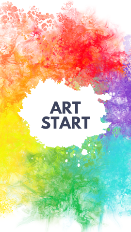 White background with different colors of paint splattered around the text. Black text reads "Art Start".
