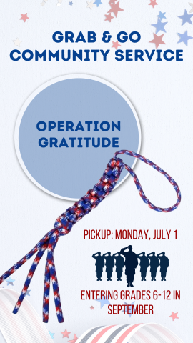 red, white, and blue paracord lanyard with program details