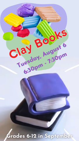 two clay books, a pile of unformed clay and program details