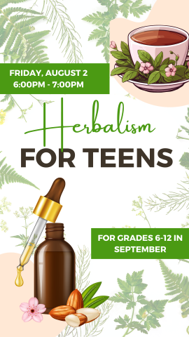 herbal background with herbal tea and essential oil bottle and program details