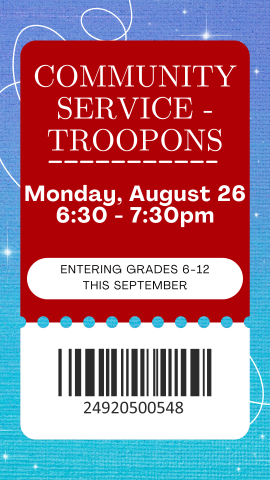 blue and red background with program details