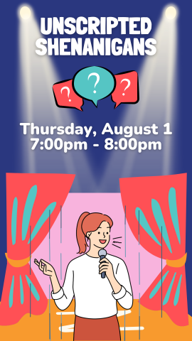 cartoon girl performing with microphone on stage with program details