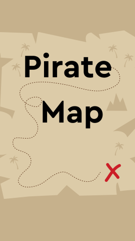 Light brown background with an image of a map (x marks the spot). Black text reads "Pirate Map".