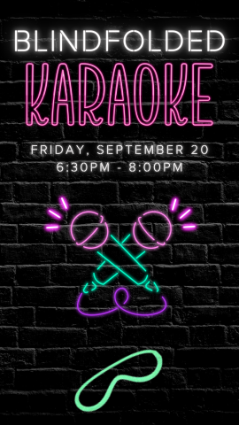 neon microphone and blindfold with black brick background and program details