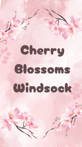 Pink watercolor background with cherry blossoms. Dark brown text reads "Cherry Blossoms Windsock".
