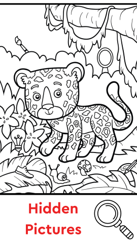 White background with a hidden picture worksheet and an image of a magnifying glass. Red text reads "Hidden Pictures".