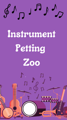 Dark purple background with images of music notes and instruments (violin, guitar, drums, banjo, trumpet, etc.) White text reads "Instrument Petting Zoo".