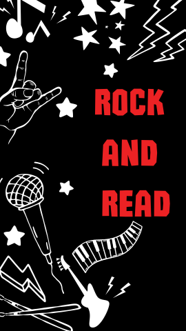 Black background with white outlined lightning bolts, stars, rock and roll hand symbol, music notes, guitar and microphone. Red text reads "Rock and Read".