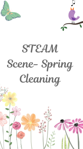 White background with flower, butterfly, and a singing bird. Gray text reads "STEAM Scene- Spring Cleaning".