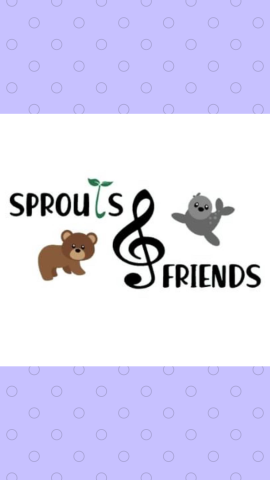 Light purple background with circles and a image of the logo for "Sprouts and Friends".