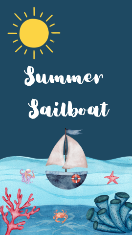 Dark blue background with an image of a boat in the sea and sun on the top right corner. White text reads "Summer Sailboat".