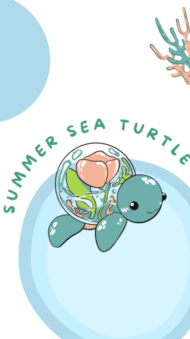White background with images of a sea turtle, circles, and coral. Green text reads "Summer Sea Turtle".