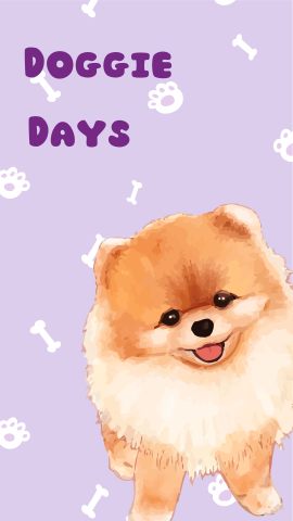 Light purple background with paw prints and bones. An image of a Pomeranian. Dark purple text reads "Doggie Days".
