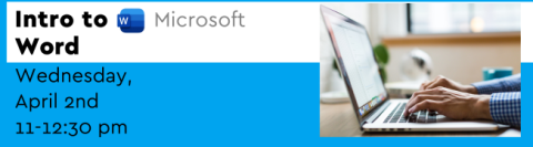 Intro to MS Word Blue and White background with picture of a laptop