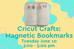 An open book with four magnetic bookmarks attached with a text description of the program.